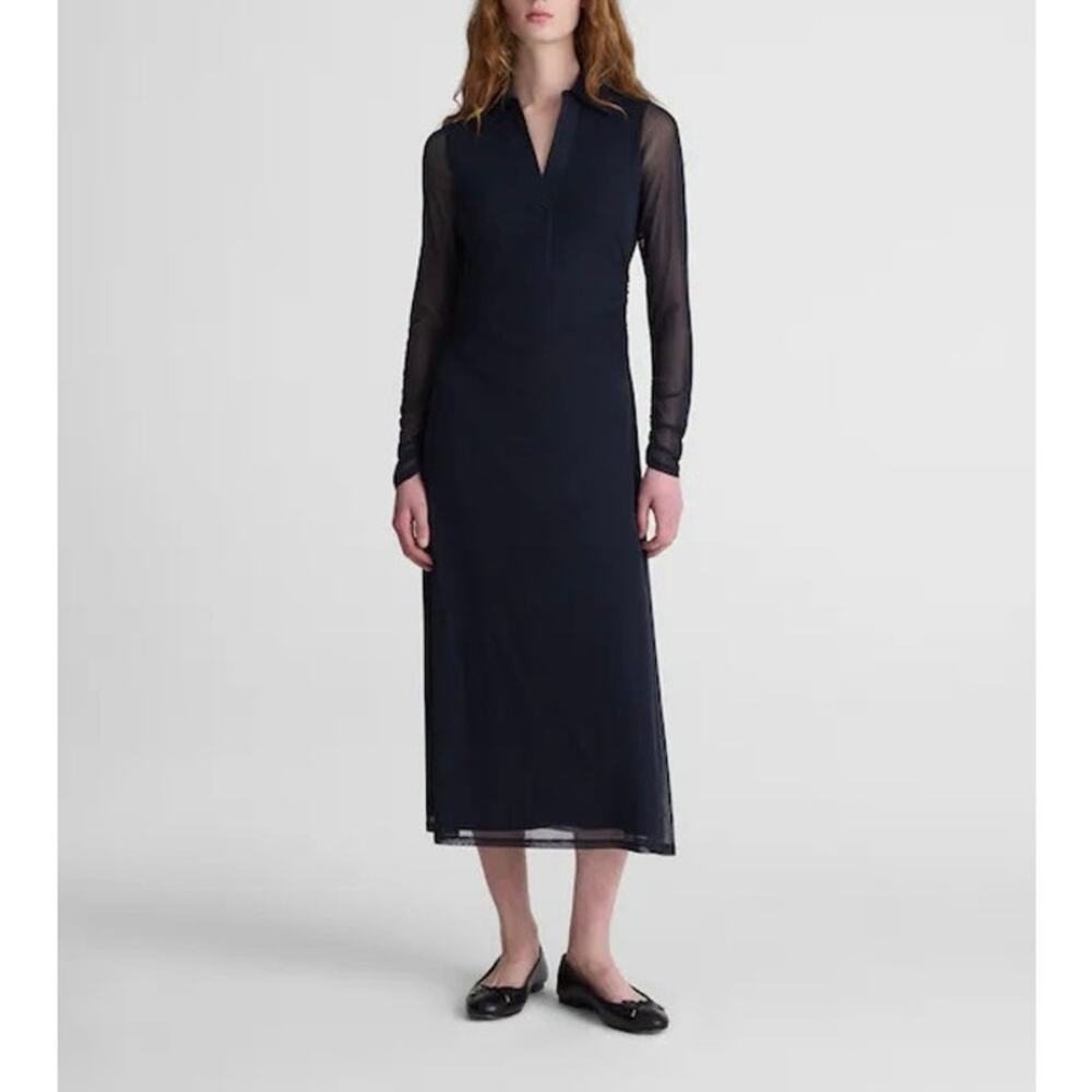 NWT Madewell Long-Sleeve Polo Midi Dress Classic Navy Blue Size Small